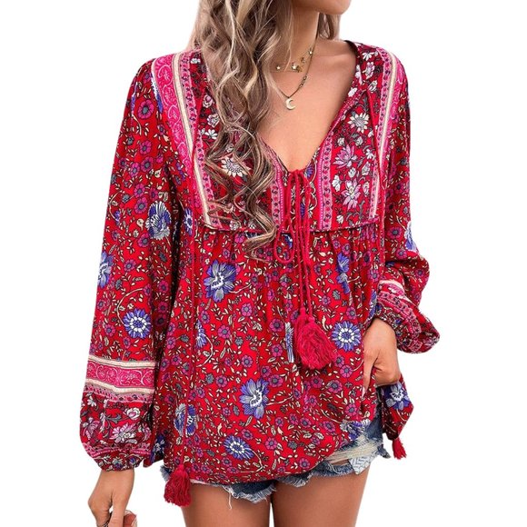 Floral Boho Top Long Sl Blouse Print Cross Deep V S-XL Beautiful Red Blue Pink - Picture 3 of 3